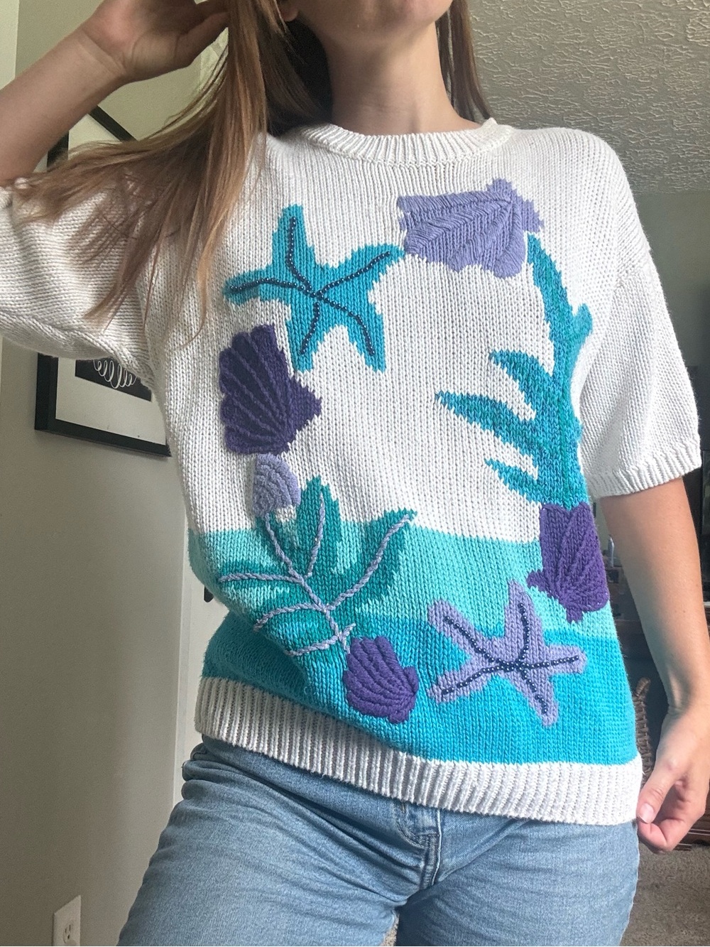 Vintage Short Sleeve Knit Sweater - White with Teal & Purple Shell Motif